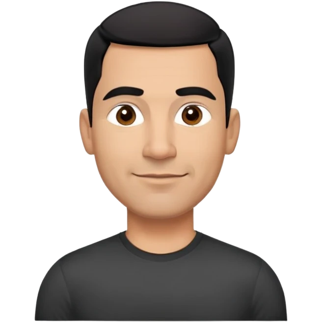 Athletic Hispanic man in his 40s-50s with light brown skin, very short black hair with low fade haircut, square face with strong jawline, thick straight eyebrows, wide straight nose, medium lips with confident smile, broad shoulders, wearing black fitted t-shirt emoji