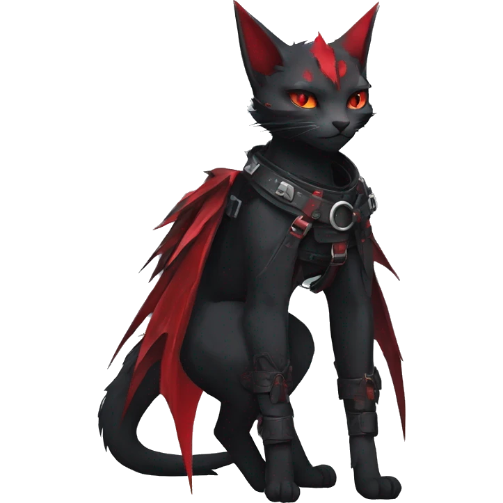 Anthro cool cute edgy elegant pretty black punk techwear red fantasy nargacuga-bat-cat-Fakemon collar harness warrior full body emoji