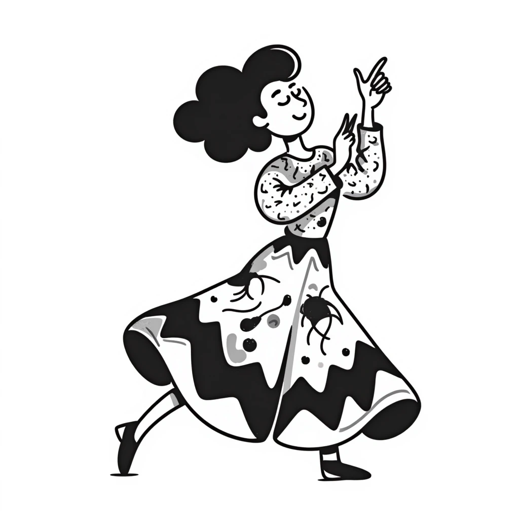 Dancing woman in Colombian salsa pose, vibrant dress, dynamic movement emoji
