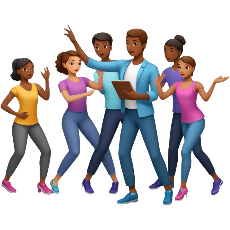 Icon for Choreography: a dance floor with a choreographer holding a clipboard, giving instructions to a group of dancers in motion. The icon should capture the art of movement and direction in dance. Transparent background. emoji