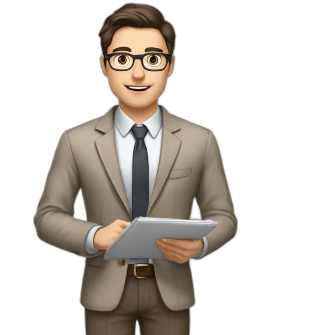 Pale skinned fit man with dark brown hair in gray jacket, beige office shirt, brown tie, brown pants and vintage glasses Writing text on the flipchart emoji