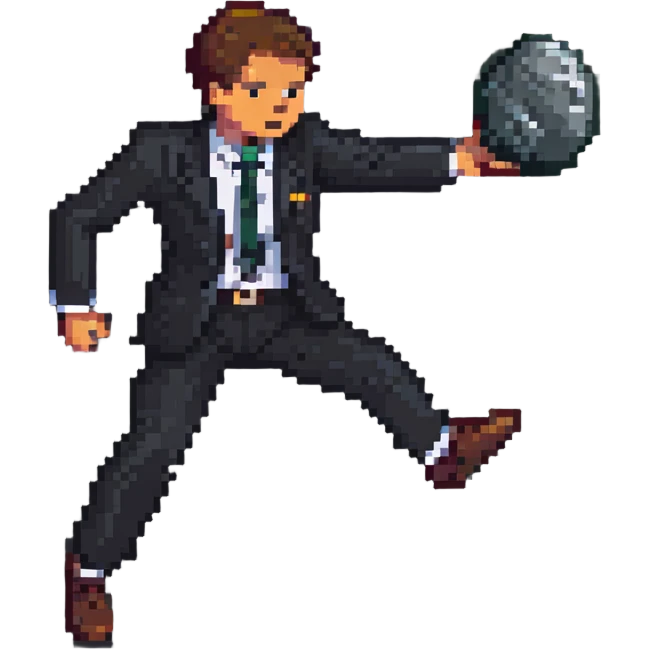 man in a suit kicking a rock on the ground, pixel art style emoji