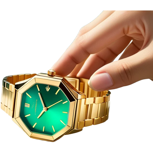 Minimalist white hand outline cradling a hexagonal prism refracting golden light into a scene of a luxury watch on a marble desk, deep emerald (#1A5F3F) and sapphire (#0F52BA) gradient background, prism facets glowing with metallic gold (#D4AF37) edges, soft shadow play, cinematic luxury vibe --style minimalist --no text, realistic details, human faces emoji
