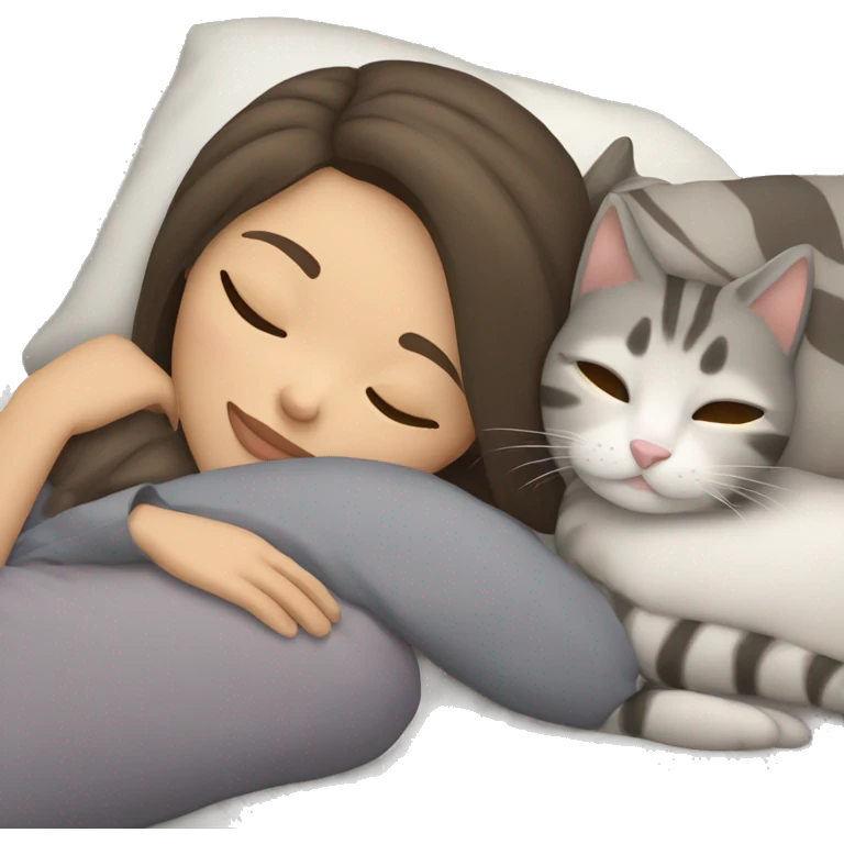 Brunette girl with light skin sleeping with a grey tabby cat emoji