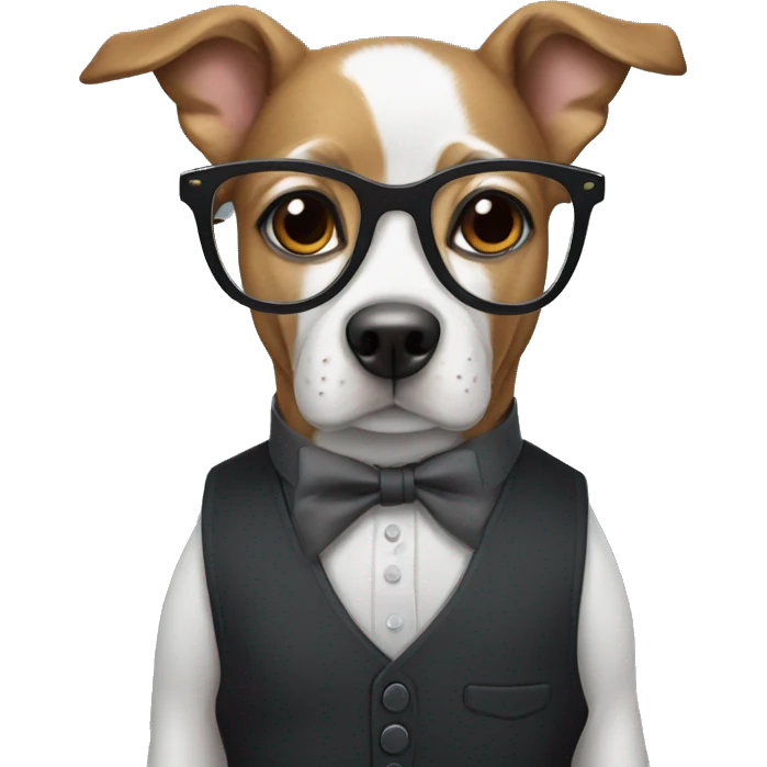 A dog wearing glasses, a black button up shirt and a dark grey vest  emoji
