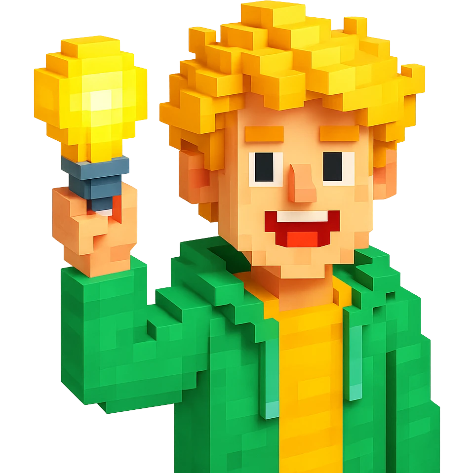 bright and expressive male visionary, fair skin, tousled golden hair, wide joyful eyes, wearing a green hoodie over a yellow tee, one hand raised with a glowing lightbulb, waist-up, front-facing emoji
