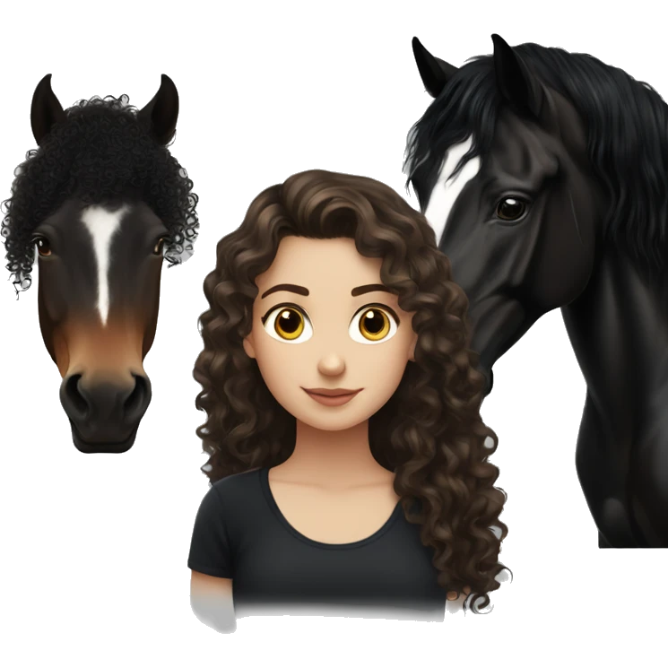 White girl, black shirt, long dark brunette curly hair, next to a black spanish horse emoji