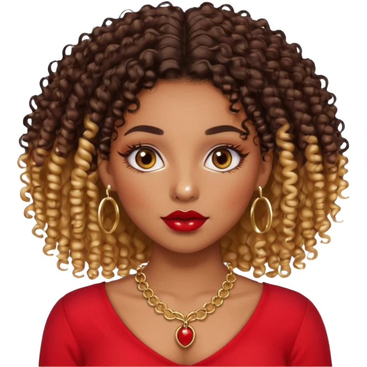 a light skinned black girl with 3b curly hair chocolate color eyelash extension ombre lips with gloss and red blouse gold nose ring piercing and gold septum piercing and gold necklace emoji