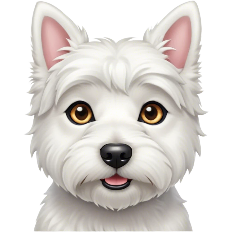 Cinematic Cute West Highland White Terrier Portrait Emoji, Head tilted playfully and inquisitively, featuring a fluffy, immaculate white coat with perky ears, round, sparkling dark eyes filled with curiosity, Simplified yet irresistibly adorable features, highly detailed, glowing with a warm, friendly glow, high shine, affectionate and lively, stylized with a touch of whimsy, bright and endearing, soft glowing outline, capturing the essence of a mischievous yet loving pup, so playful it feels like it could bound out of the screen and into your arms! emoji