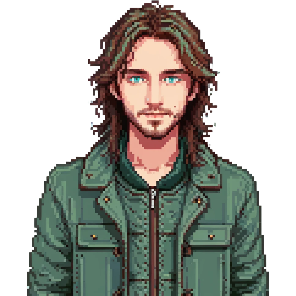 male with long messy brown hair, small facial hair, greyish blue eyes, wearing a green jacket emoji