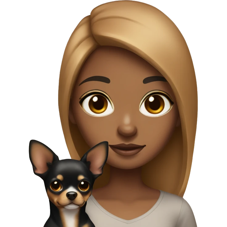 black haired caramel skin girl holding a brown tri colored chihuahua  emoji
