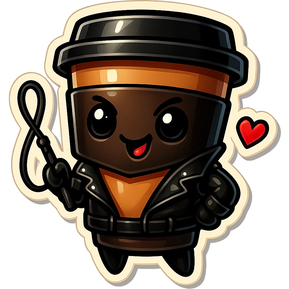 Tall coffee cup, dressed in leather holding a whipping crop, mischevious, heart emoji