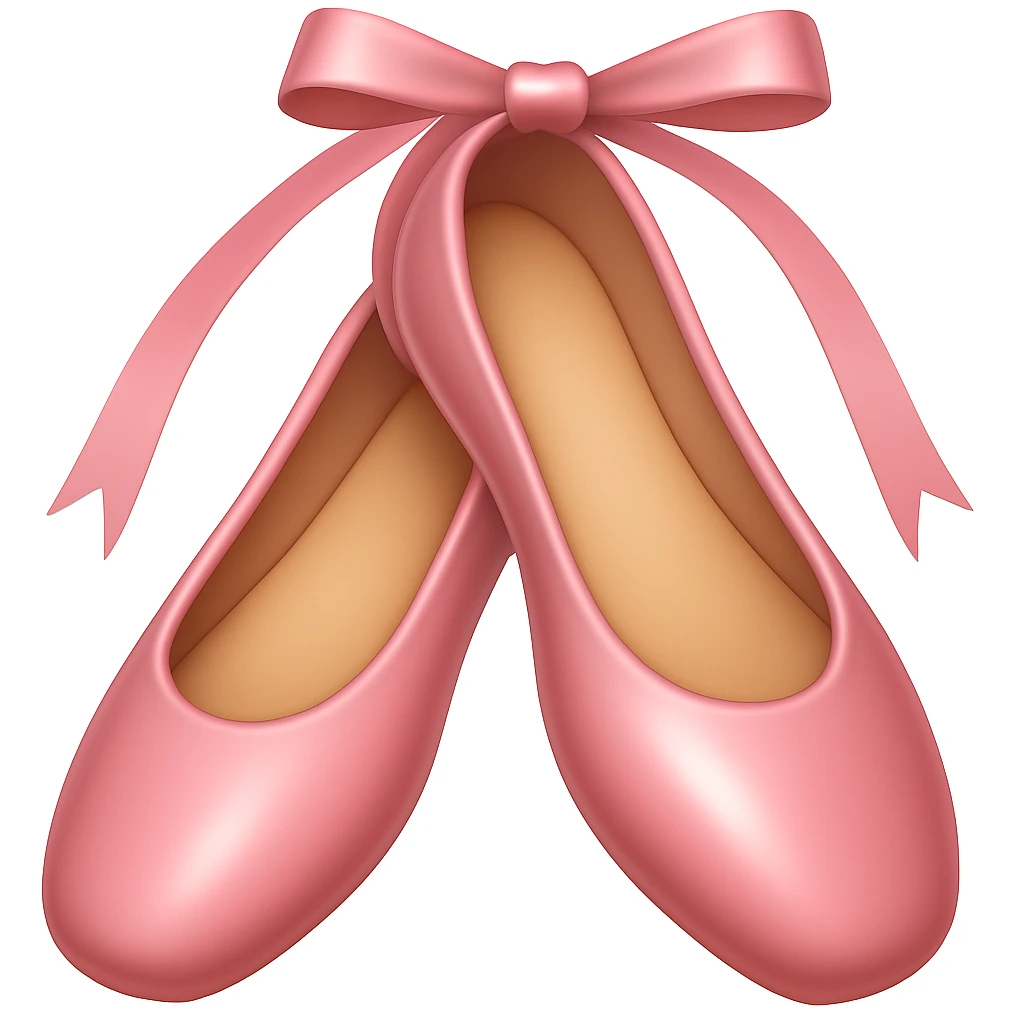Create a ballerina shoes emoji in iOS emoji style, just like the reference image. Remove the bow at the top, keep the pink color, shiny and smooth look. Add a subtle highlight. emoji