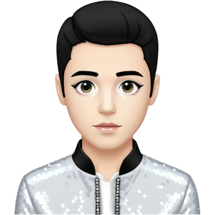 Sugar Bones, Male Electropop Singer from Confidence Man with black hair with white highlights, white sequin outfit emoji
