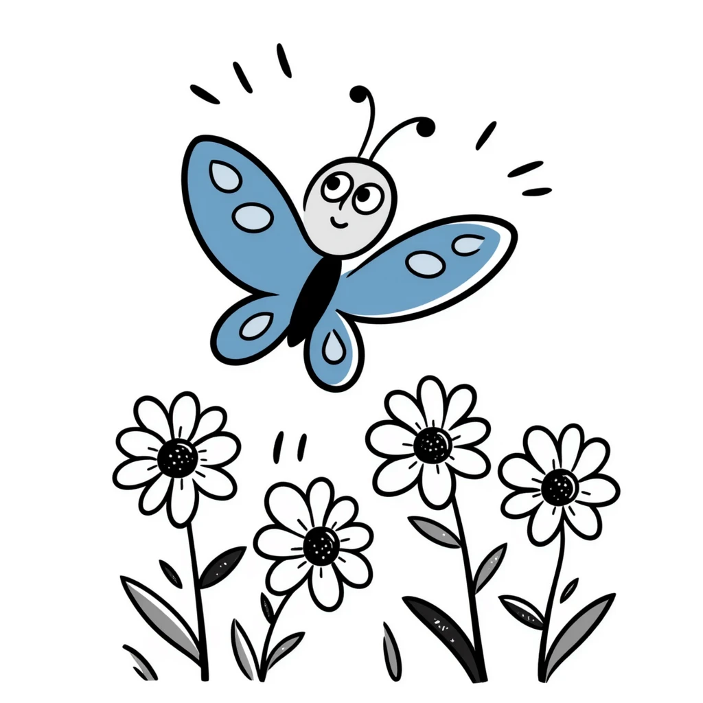 Blue butterfly with a cheerful smile flying around spring flowers and sunshine emoji