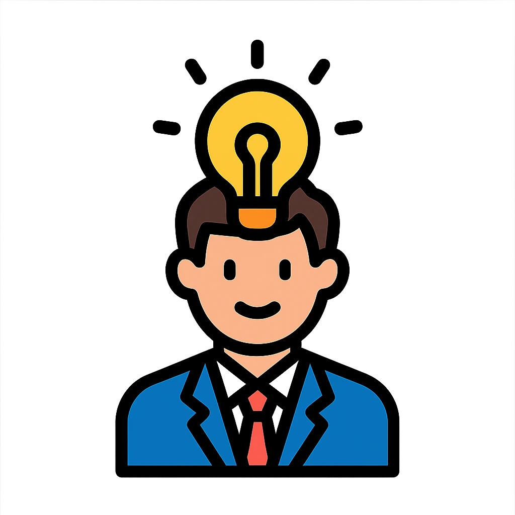 businessman with a lightbulb over his head, modern flat color icon style emoji