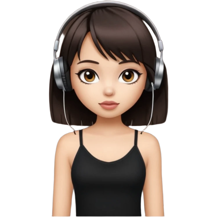 generate a pretty bratz girl in black cami top, dark brown straight bob hair with bangs, eyeliner on, listeninh to music emoji