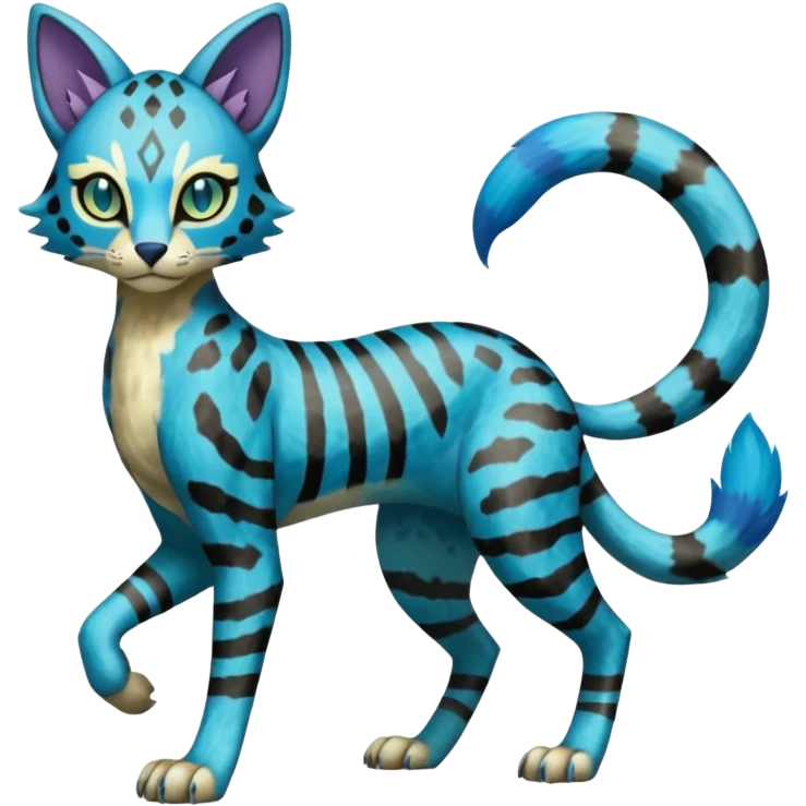 Colorful Meloetta-Sergal-Bastet-Genet-Pokémon-Digimon-Fakémon-fusion-hybrid-creature with Cyan stripes and blue leopard-spot-markings  emoji