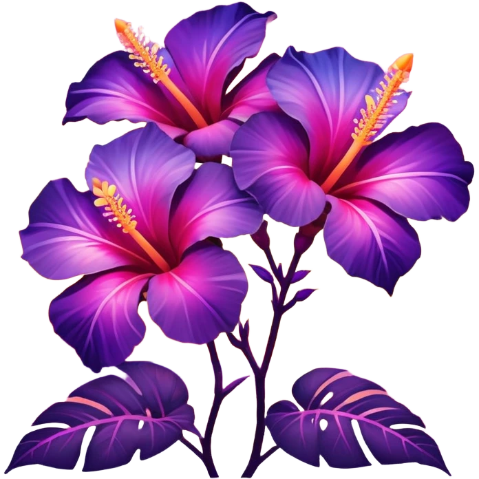 Iridescent tropical exotic beautiful pretty Purple pink and orange gradient hibiscuses sunset sunrise full scenery aesthetic deco emoji