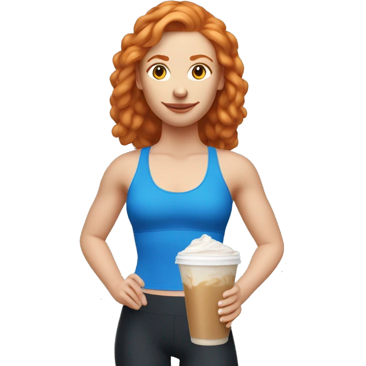 Ginger girl in blue sports bra and leggings drinking iced latte emoji