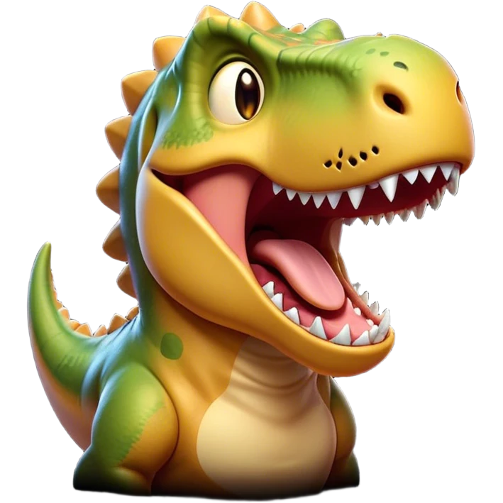 Cinematic Cute Yawning T-rex Portrait Emoji, Head tilted slightly with a dramatic, wide-open yawn, showcasing a robust, muscular form with a slightly open mouth revealing powerful jaws and sleepy, half-closed eyes, Simplified yet irresistibly adorable features, highly detailed, glowing with a soft, cozy prehistoric glow, high shine, relaxed yet expressive, stylized with a hint of whimsical ancient ease, soft glowing outline, capturing the essence of a drowsy yet affectionate T-rex that appears ready to stretch and yawn its way out of the screen! emoji