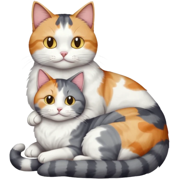 full body colourful light patched calico + white tabby cat cuddling a large grey and white cat  emoji
