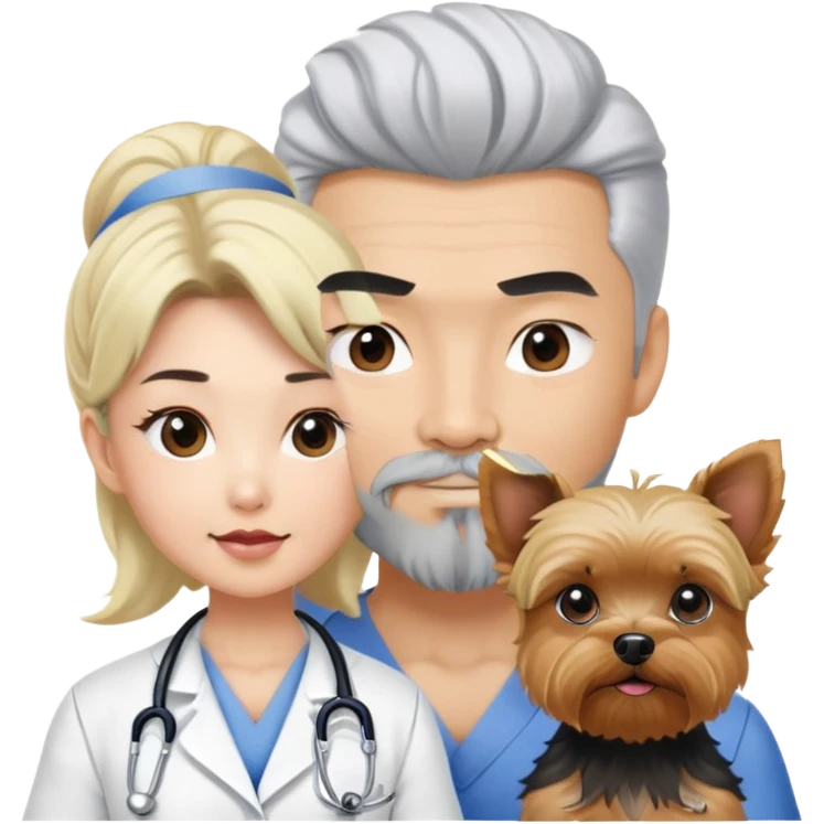 Blonde nurse with a black pointy hair full goatee and muscular hot asain Korean man with one silver hair yorkie.  emoji