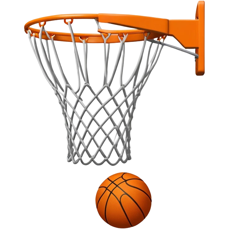Orange Spalding basketball inside basketball net, viewed from below the hoop, minimalist design, iOS emoji style emoji