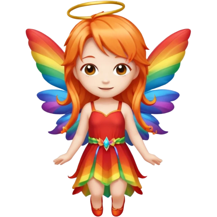 fairy with long orange hair, rainbow wings, red dress, happy, chibi full body emoji