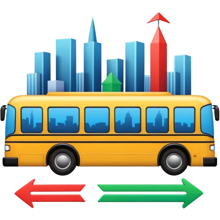a sleek angled bus and three colorful arrows leading to city symbols, Apple emoji style emoji