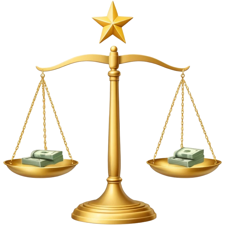 A balanced scale with dollar bills on the left side and three stars on the right side emoji