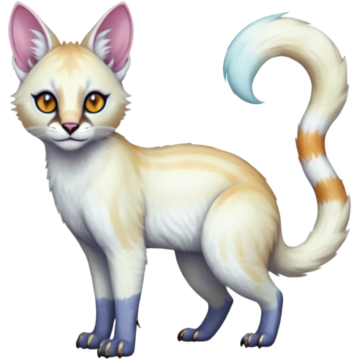 Colorful tropical pearly-albino-white iridescent glorious divine exotic cute cool beautiful shiny beautiful fantasy-caracal-civet-genet-sergal-vernid-Cacomistle-oncilla-animal-Fakémon-hybrid-fursona with tufted ears (full body) emoji