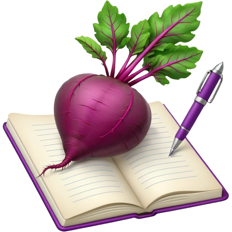 purple beetroot with green leaves in front of an open notebook with a pen beside it emoji