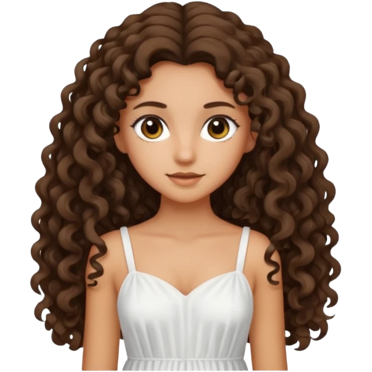 Light tanned skin girl with dark brown very long curly hair, dark eyes, white dress emoji