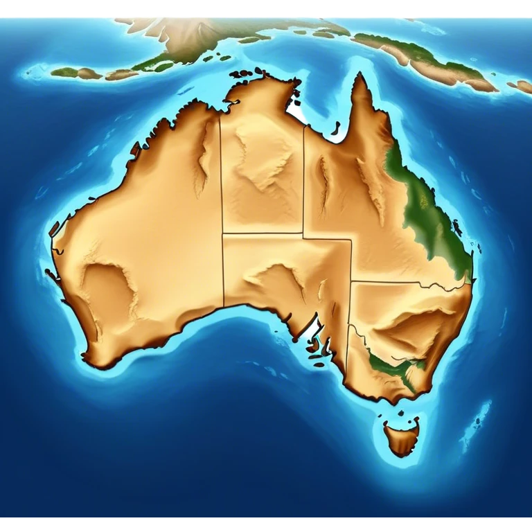 Cinematic-realistic outline of Australia, featuring its distinct landmass with accurately defined coastlines. The deep blue ocean surrounds the golden-brown continent, with subtle topographic shading to highlight its terrain. A soft glowing effect enhances the edges, making the shape stand out against a neutral, textured background. emoji