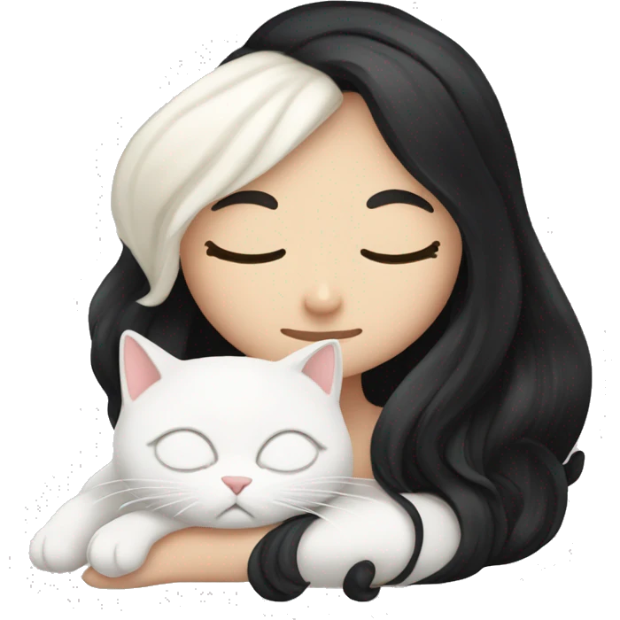 A pretty white girl with very long black hair and sleeping curled up to a white cat  emoji