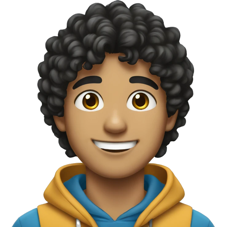 Cheerful Pakistani teenager with black curly hair. He's wearing a blue hoodie. emoji
