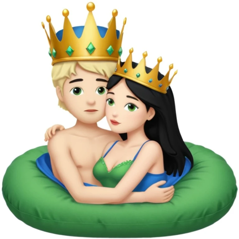 Blonde Queen with crown, Green eyes, naked, kissing man, naked, no crown, black hair, blue eyes, whole Body, Background Green pillow emoji