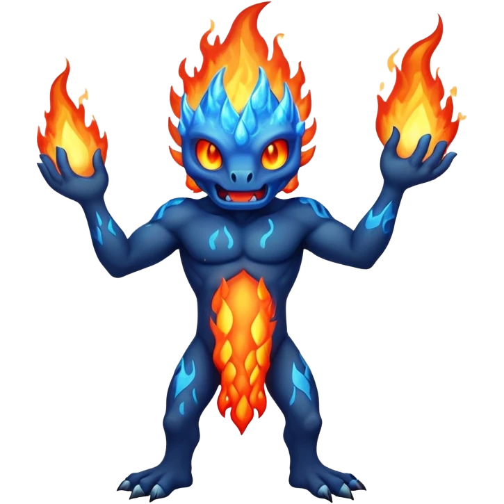 a mystical fast lava creature without arms with molten lava on its head and some rocky shoulders, fire crystals, blue flames, fire legs, no background emoji