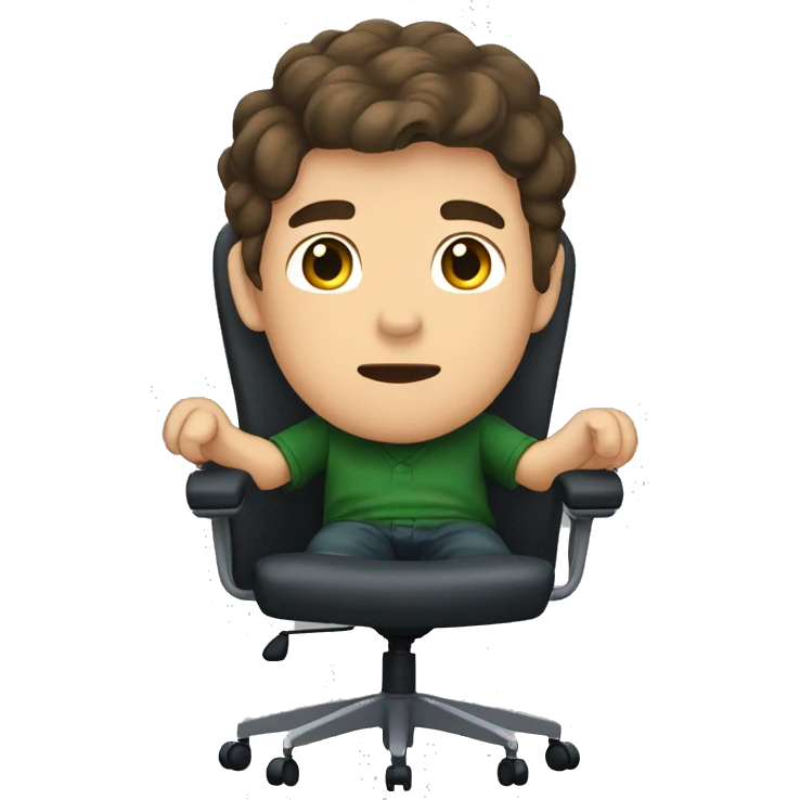 brown hair boy with dark green oversize shirt sitting in office chair, pov facecam emoji