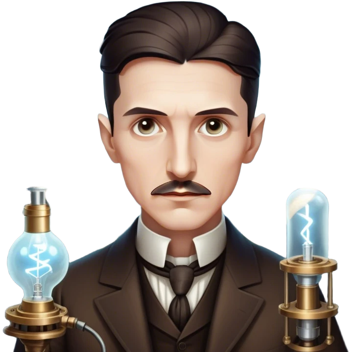 Nikola Tesla – Cinematic Realistic Portrait of Nikola Tesla, depicted as a visionary inventor with intense, thoughtful eyes and period attire, surrounded by subtle arcs of electric light and early laboratory apparatus, rendered with dramatic lighting that evokes mystery and innovation. emoji