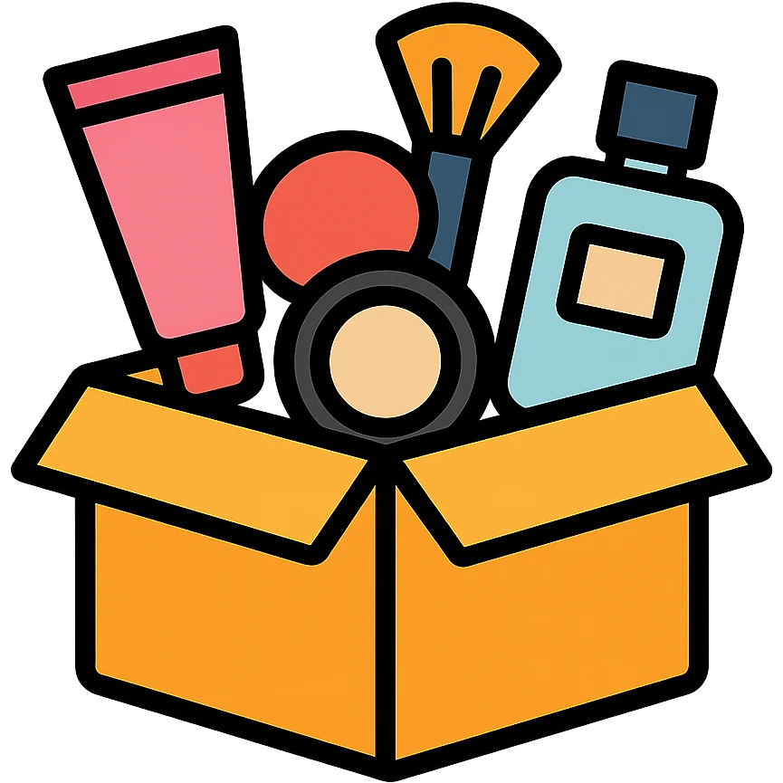 an opened box with various beauty items spilling out, including makeup, skincare, and perfume emoji