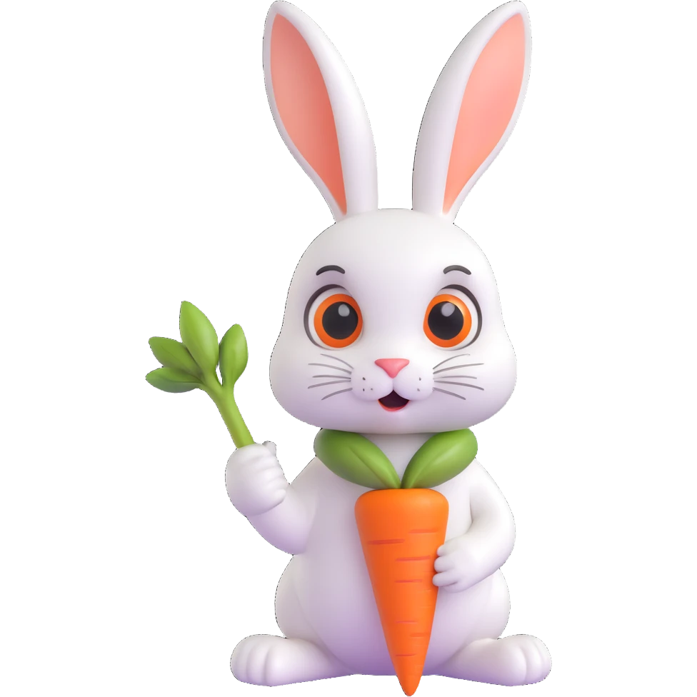 an evil white rabbit holding a carrot, looking upwards with cute big eyes, 3D style emoji