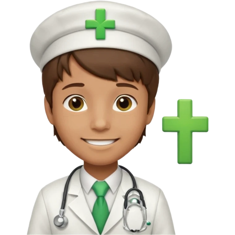 a doctor in white suit with a doctor hat with green cross brown hair boy emoji