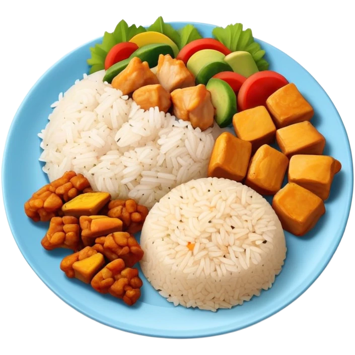 Full meal plate with rice, chicken pieces, and Puerto Rican vegetable mix emoji
