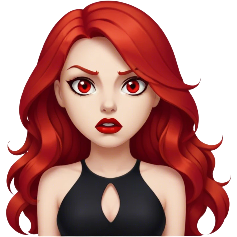 a beautiful very angry woman with long red hair and red eyes. The woman wear a black little cutted dress. She have red lipstick and she have a seductive look. Angry face emoji