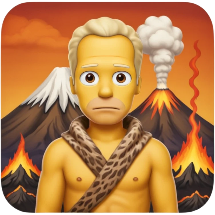 a simpson guy wearing ancient animal skin cloth with volcano behind, half body, icon emoji