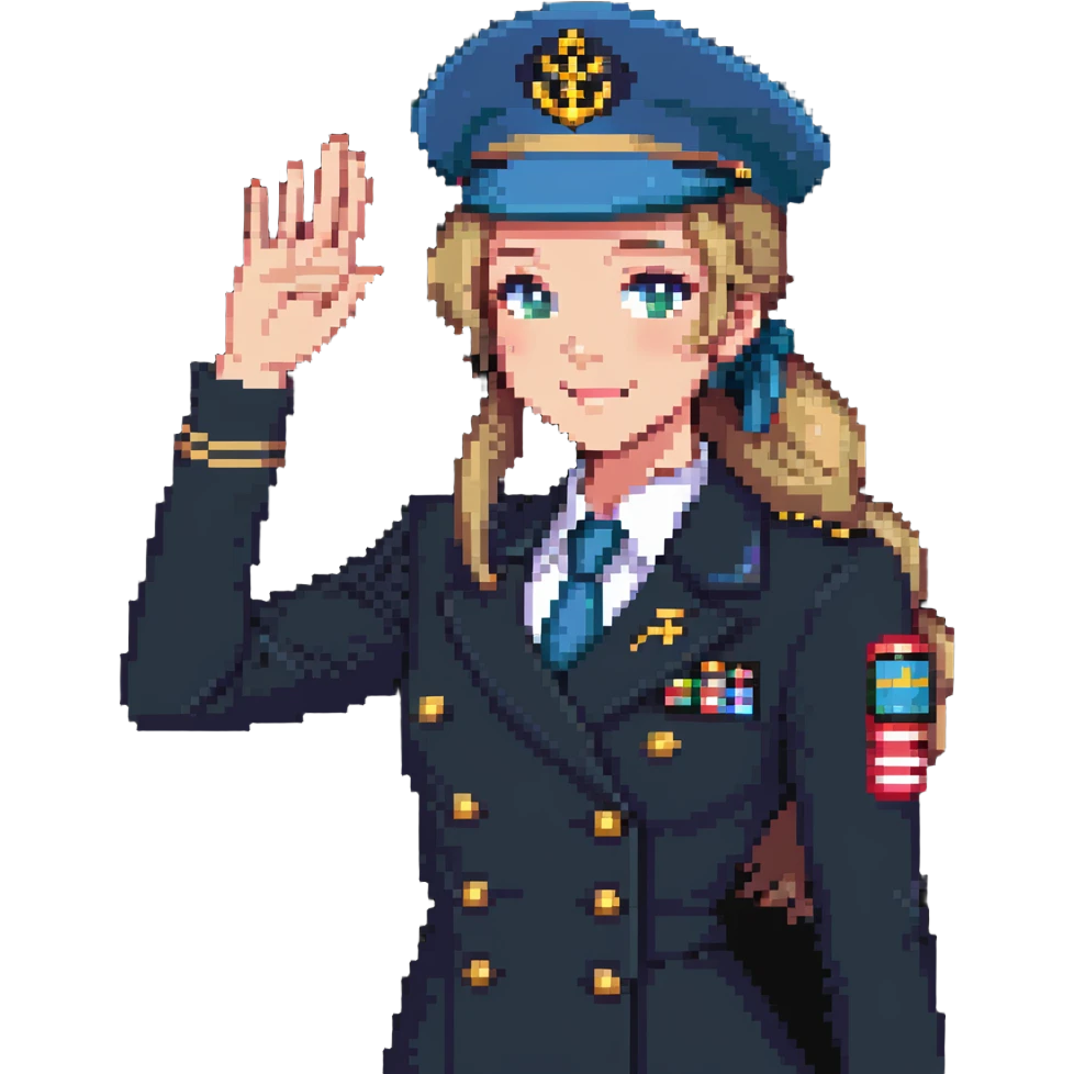 girl with dirty blonde ponytail, cruise captain uniform, waving at the camera emoji