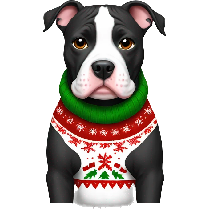 Black and white Pitbull with Christmas sweater emoji