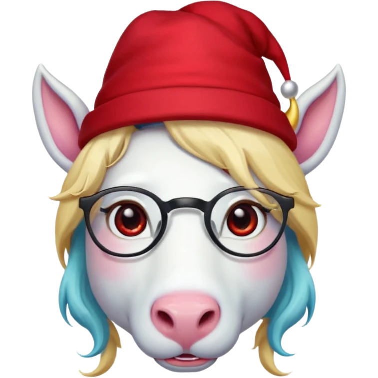 unicorn face cute wearing cute red hat, horn piercing through the hat looking in the camera, blond hair and spectacled emoji